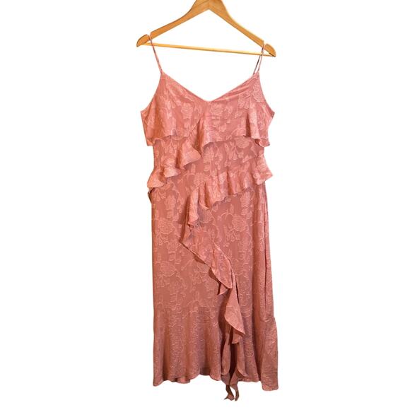Zara Dress Women Large Pink‎ Asymmetric Tiered Ruffle Midi Floral Wedding Fairy - Picture 1 of 11